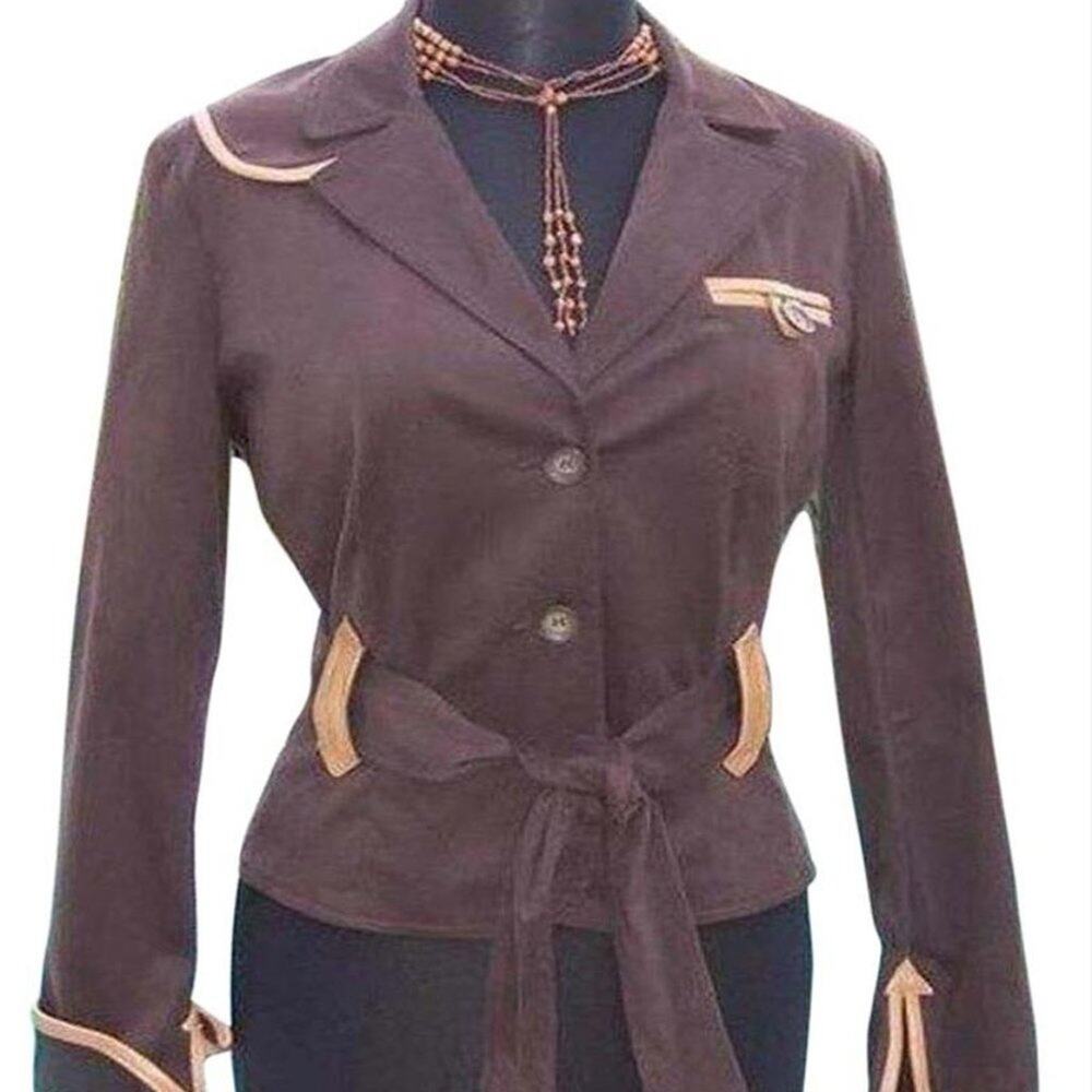 Cache Brown Cotton Suede Removable Belt Leather Trim Jacket Top Stretch $188 NWT - Picture 2 of 5
